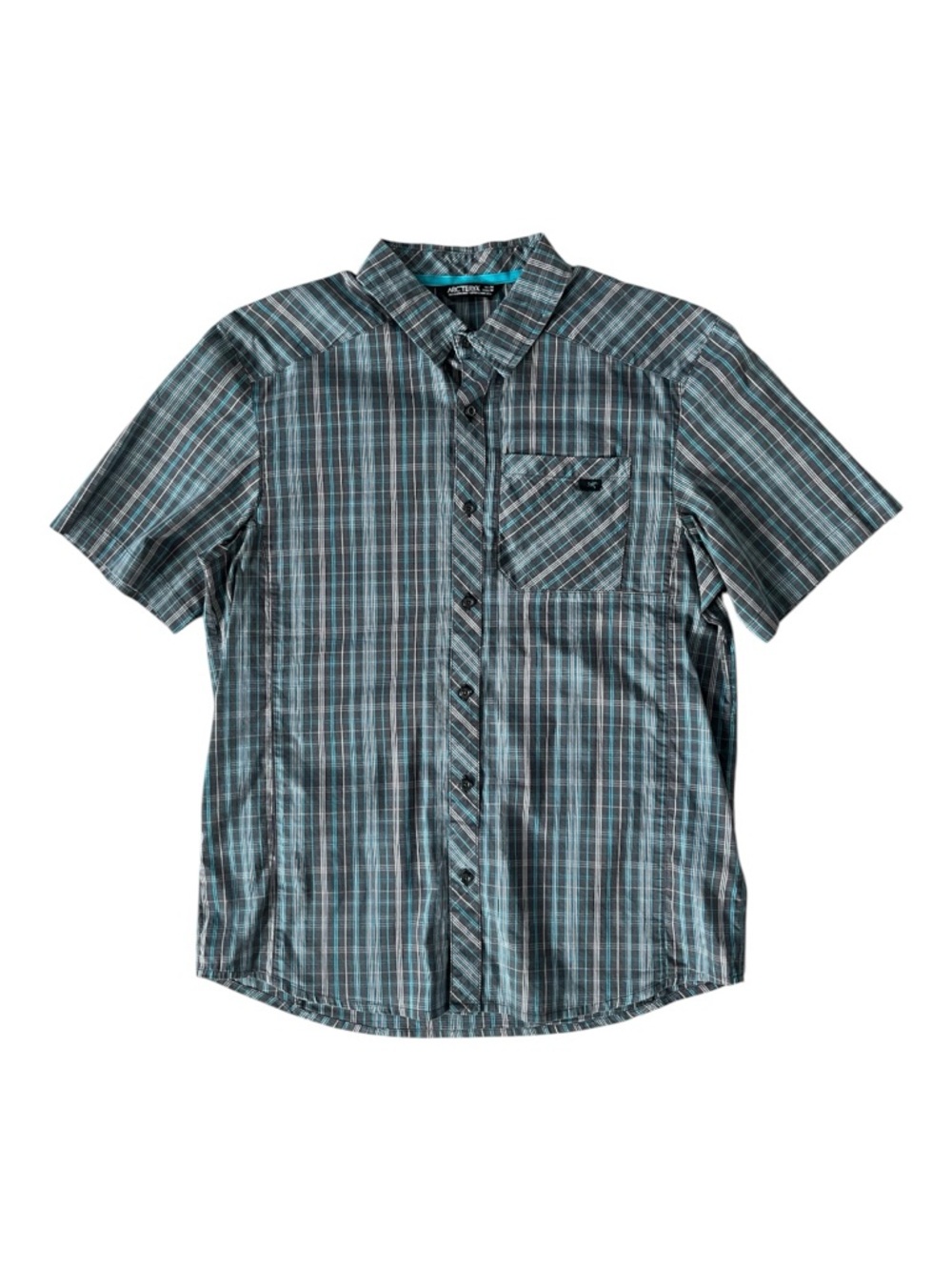 ARC'TERYX  Short-Sleeve Plaid Button-Down Shirt in Teal and Gray